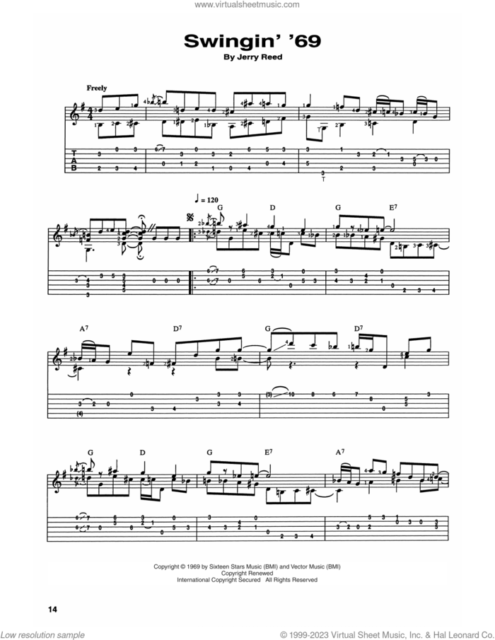 Swinging '69 sheet music for guitar (tablature) by Jerry Reed and Craig Dobbins, intermediate skill level