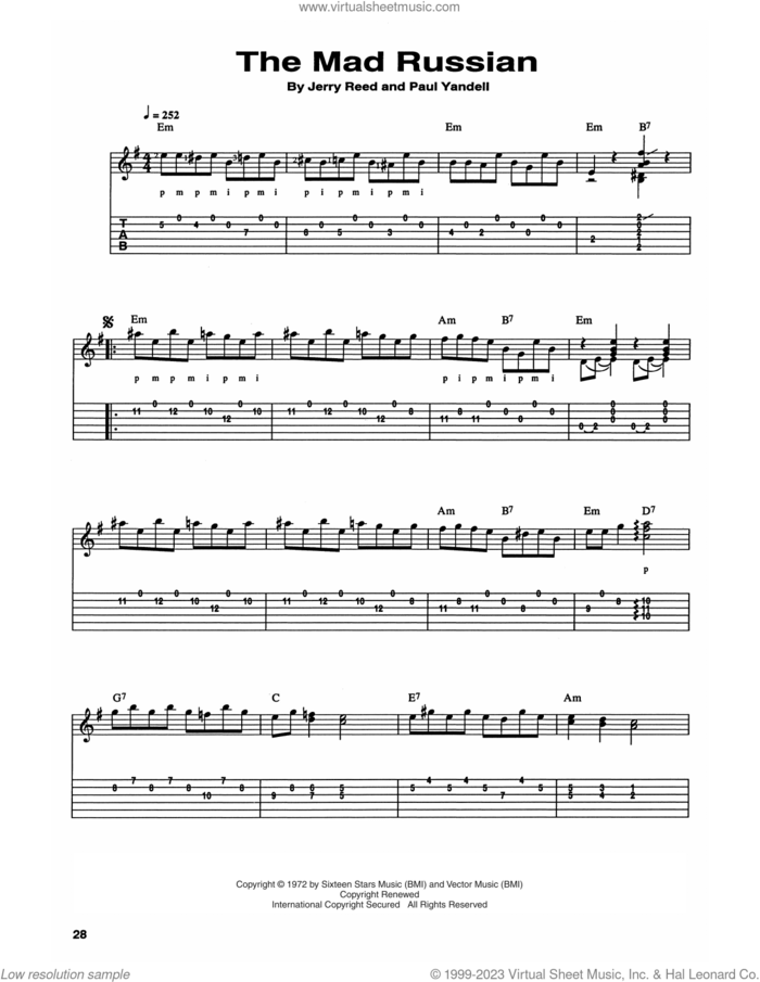 The Mad Russian sheet music for guitar (tablature) by Chet Atkins and Jerry Reed, Craig Dobbins, Jerry Reed and Paul Yandell, intermediate skill level