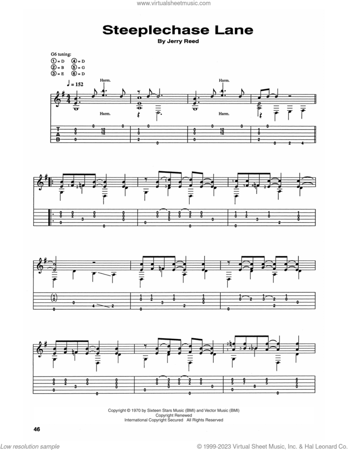 Steeplechase Lane sheet music for guitar (tablature) by Chet Atkins, Craig Dobbins and Jerry Reed, intermediate skill level