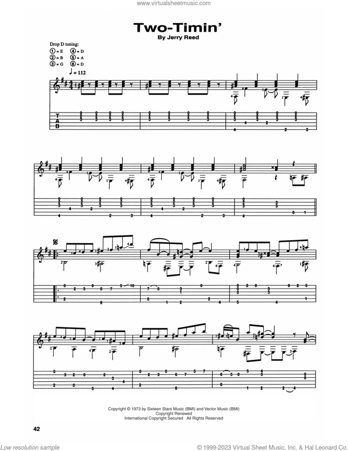Two Timin' sheet music for guitar (tablature) by Jerry Reed and Craig Dobbins, intermediate skill level