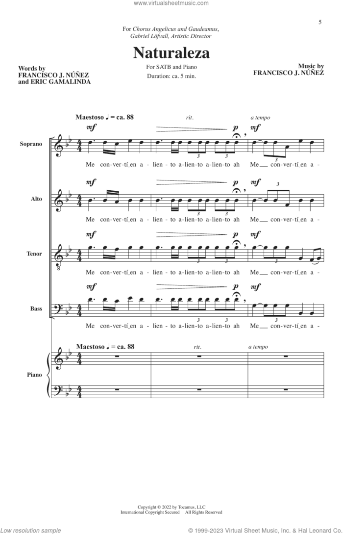 Naturaleza sheet music for choir (SATB: soprano, alto, tenor, bass) by Francisco J. Nunez and Eric Gamalinda, intermediate skill level