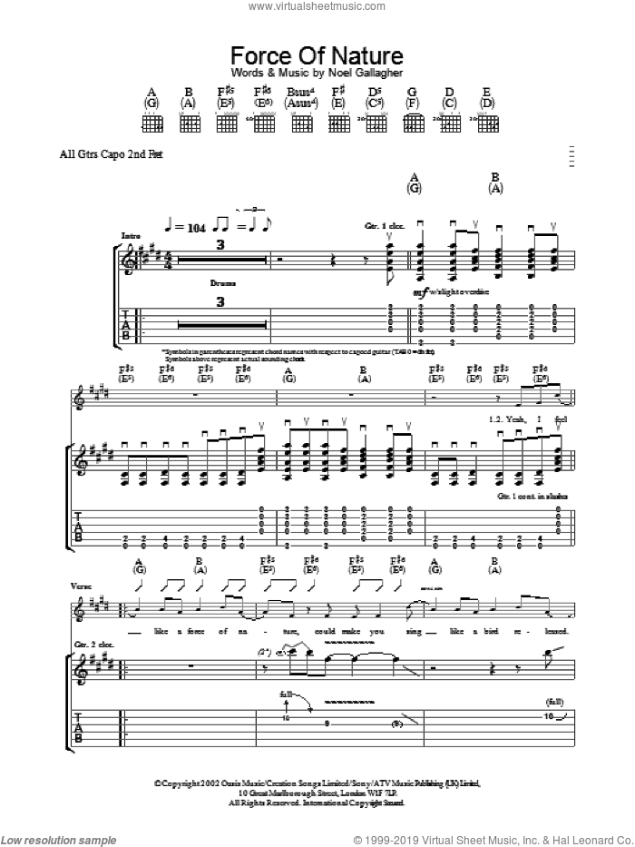 Force Of Nature sheet music for guitar (tablature) by Oasis, intermediate skill level