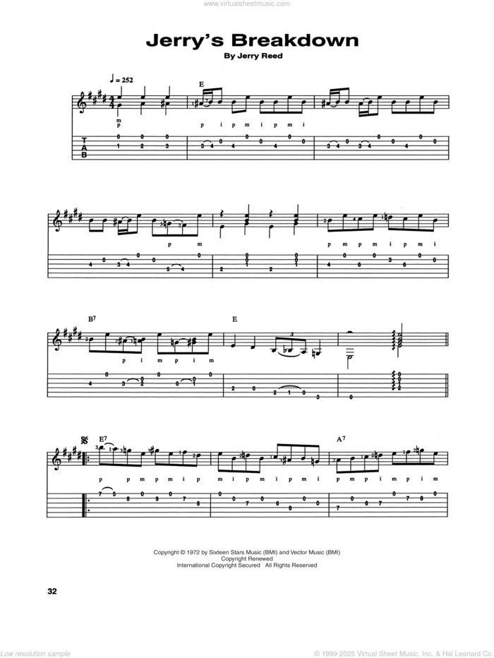 Jerry's Breakdown sheet music for guitar (tablature) by Chet Atkins and Jerry Reed, Craig Dobbins and Jerry Reed, intermediate skill level