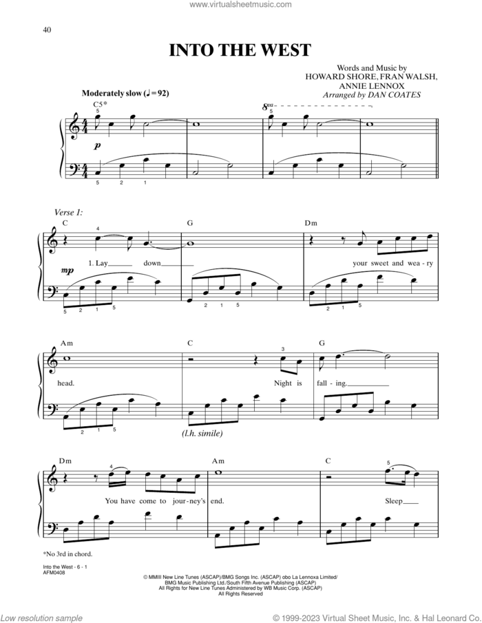 Into The West (from The Lord Of The Rings: The Return Of The King) (arr. Dan Coates) sheet music for piano solo by Annie Lennox, Dan Coates, Fran Walsh and Howard Shore, easy skill level