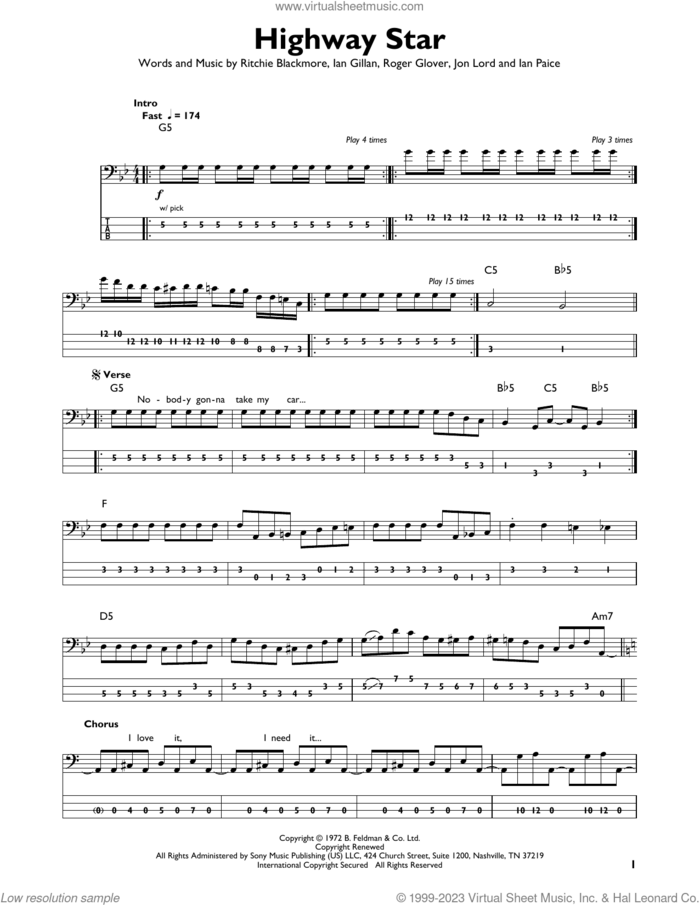 Highway Star sheet music for bass solo by Deep Purple, Ian Gillan, Ian Paice, Jon Lord, Ritchie Blackmore and Roger Glover, intermediate skill level