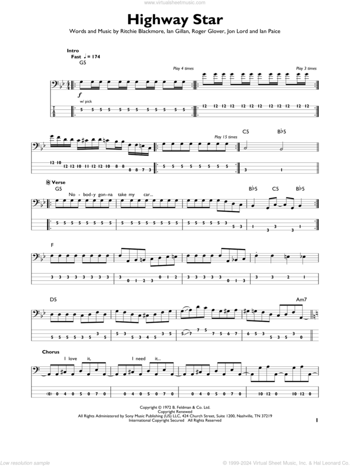 Highway Star sheet music for bass solo by Deep Purple, Ian Gillan, Ian Paice, Jon Lord, Ritchie Blackmore and Roger Glover, intermediate skill level