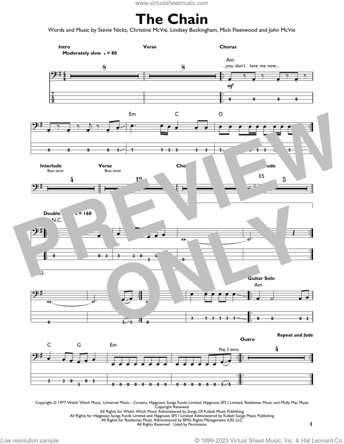 The Chain sheet music for bass solo by Fleetwood Mac, Christine McVie, John McVie, Lindsey Buckingham, Mick Fleetwood and Stevie Nicks, intermediate skill level