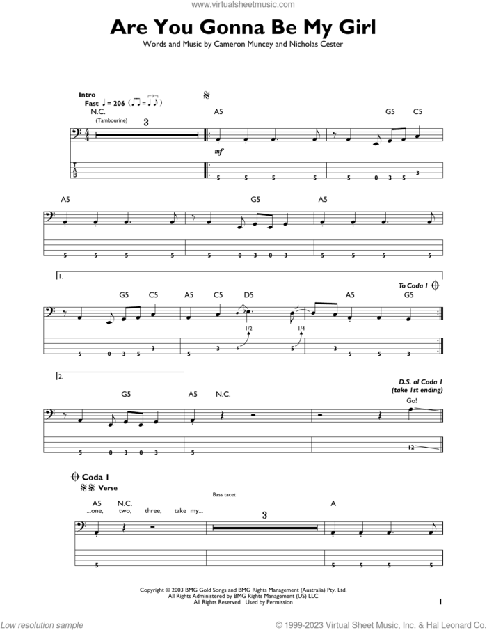 Are You Gonna Be My Girl sheet music for bass solo by Nic Cester and Cameron Muncey, intermediate skill level