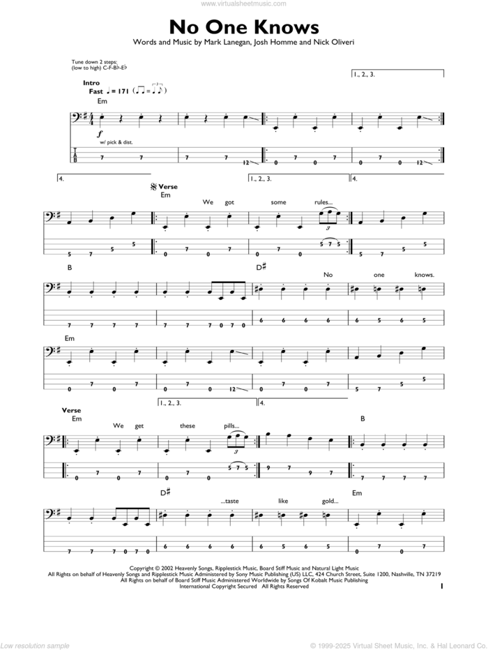 No One Knows sheet music for bass solo by Queens Of The Stone Age, Josh Homme, Mark Lanegan and Nick Oliveri, intermediate skill level