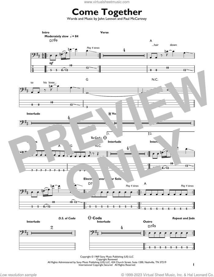 Come Together sheet music for bass solo by The Beatles, John Lennon and Paul McCartney, intermediate skill level