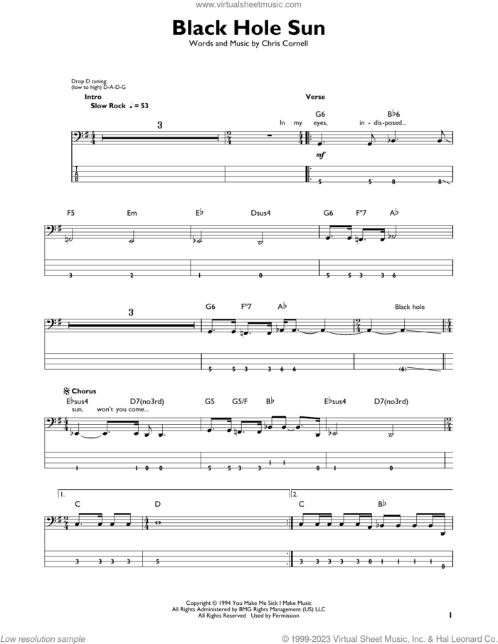 Black Hole Sun sheet music for bass solo by Soundgarden and Chris Cornell, intermediate skill level