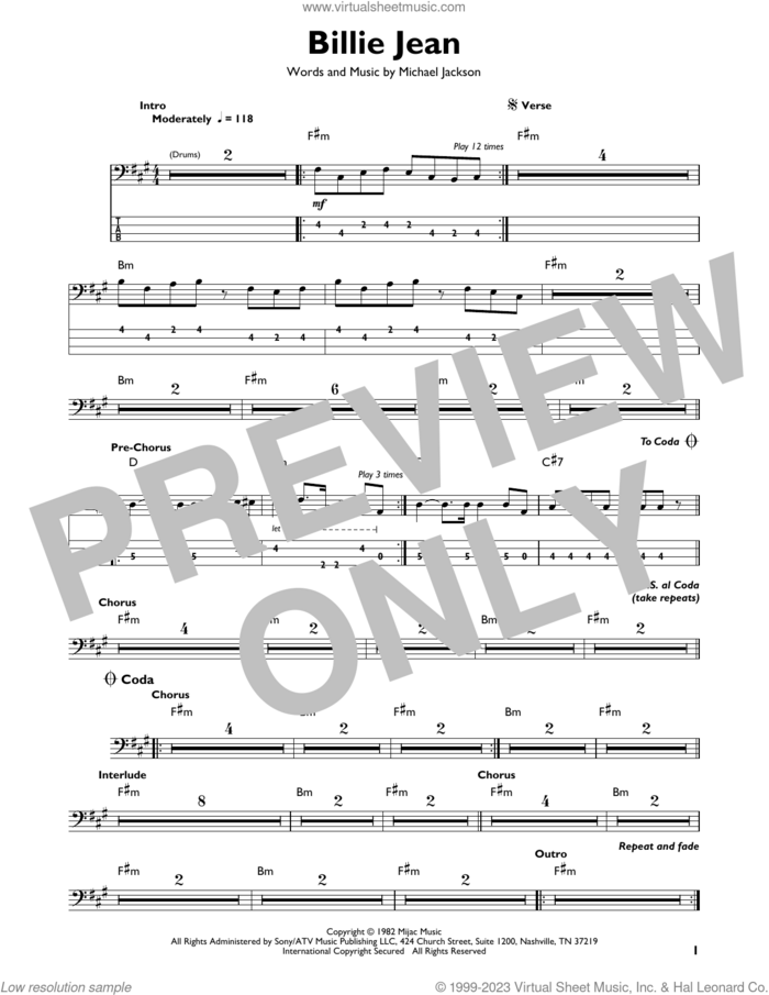 Billie Jean sheet music for bass solo by Michael Jackson, intermediate skill level