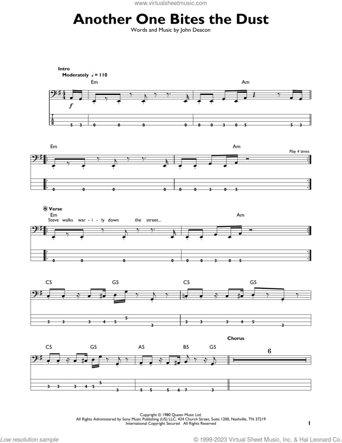 Another One Bites The Dust sheet music for bass solo by Queen and John Deacon, intermediate skill level