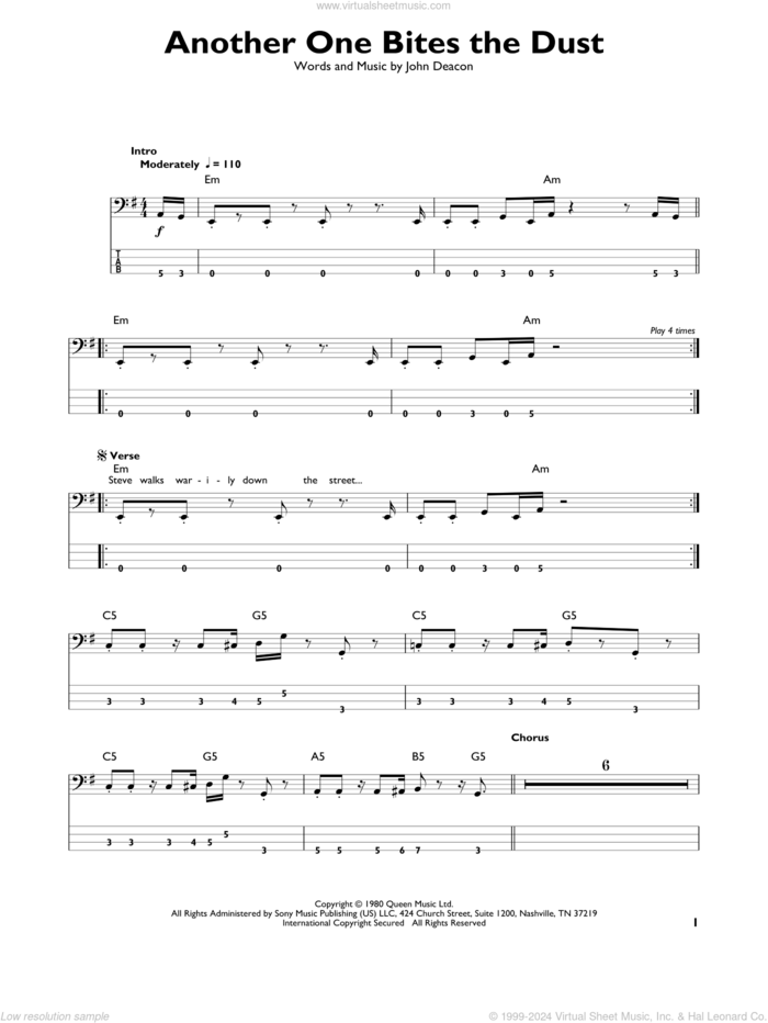 Another One Bites The Dust sheet music for bass solo by Queen and John Deacon, intermediate skill level