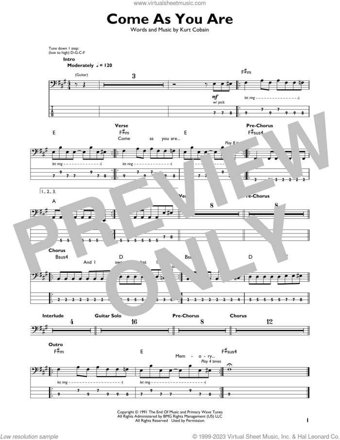 Come As You Are sheet music for bass solo by Nirvana and Kurt Cobain, intermediate skill level