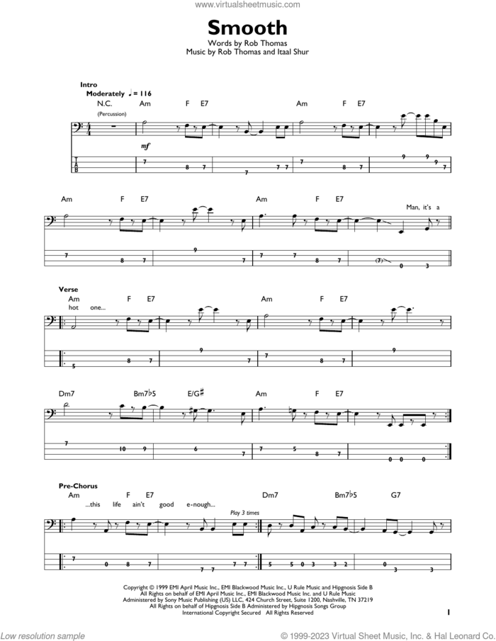 Smooth (feat. Rob Thomas) sheet music for bass solo by Rob Thomas, Carlos Santana and Itaal Shur, intermediate skill level