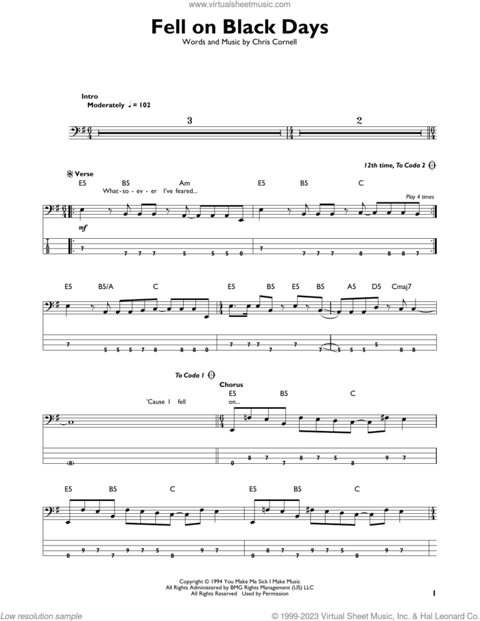 Fell On Black Days sheet music for bass solo by Soundgarden and Chris Cornell, intermediate skill level