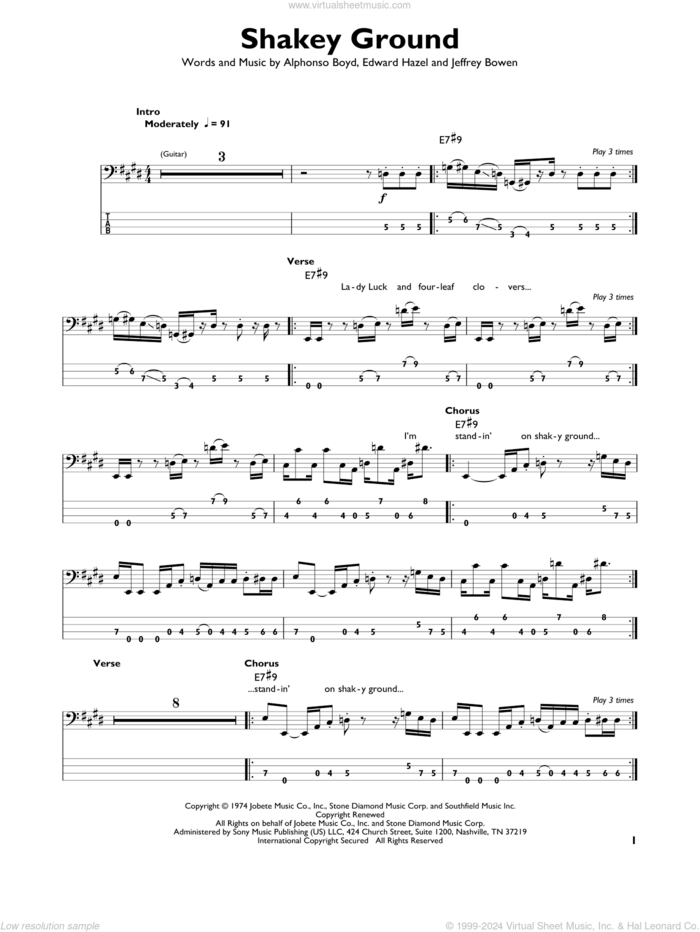 Shakey Ground sheet music for bass solo by The Temptations, Elton John, Alphonso Boyd, Edward Hazel and Jeffrey Bowen, intermediate skill level