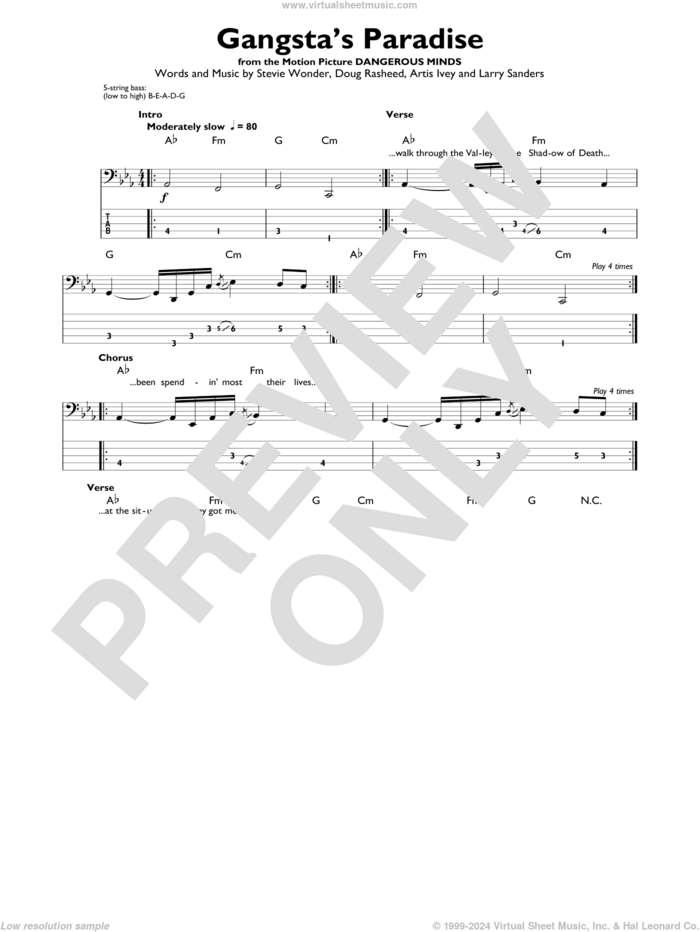 Gangsta's Paradise (feat. L.V.) sheet music for bass solo by Coolio, Artis Ivey, Doug Rasheed, Larry Sanders and Stevie Wonder, intermediate skill level