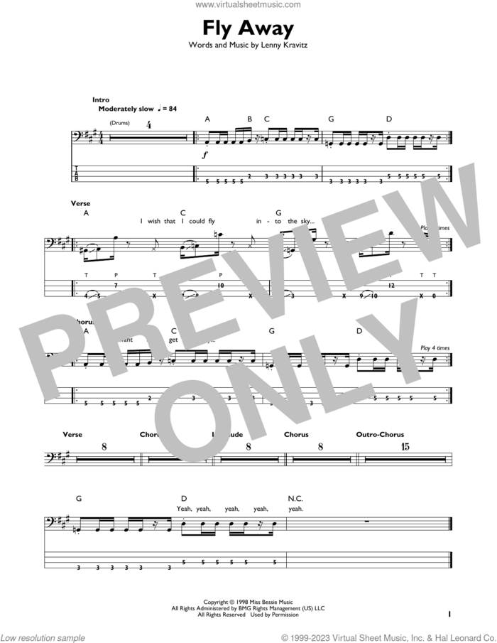 Fly Away sheet music for bass solo by Lenny Kravitz, intermediate skill level