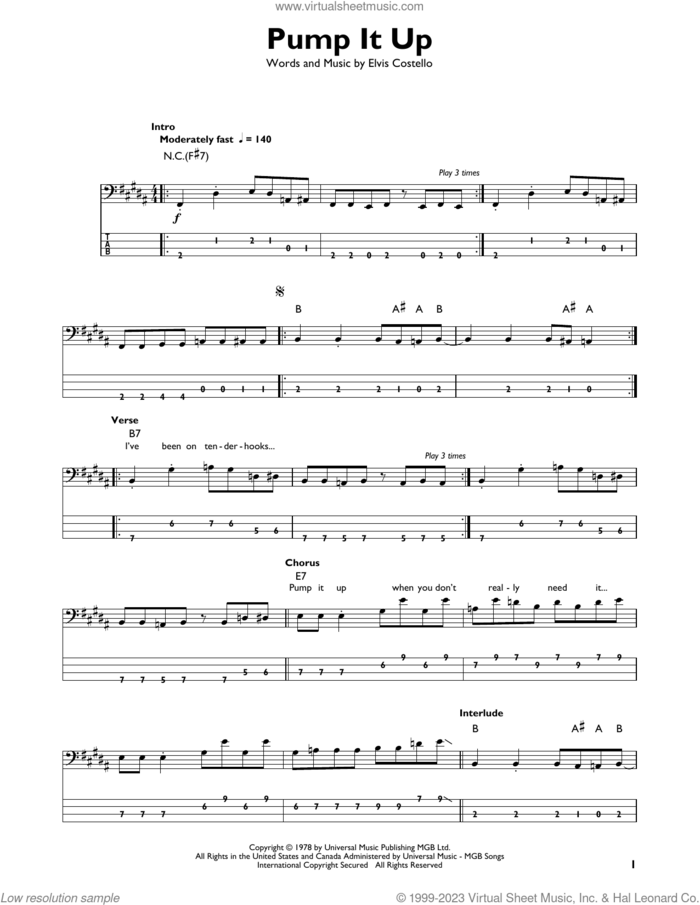 Pump It Up sheet music for bass solo by Elvis Costello, intermediate skill level