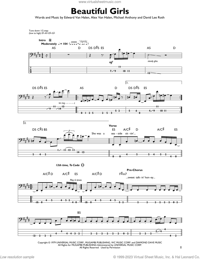 Beautiful Girls sheet music for bass solo by Edward Van Halen, Alex Van Halen, David Lee Roth and Michael Anthony, intermediate skill level