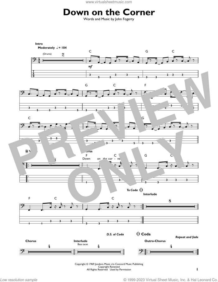 Down On The Corner sheet music for bass solo by Creedence Clearwater Revival and John Fogerty, intermediate skill level