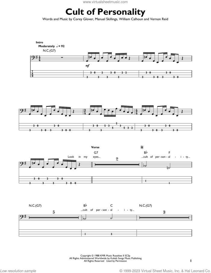 Cult Of Personality sheet music for bass solo by Living Colour, Corey Glover, Manuel Skillings, Vernon Reid and Will Calhoun, intermediate skill level