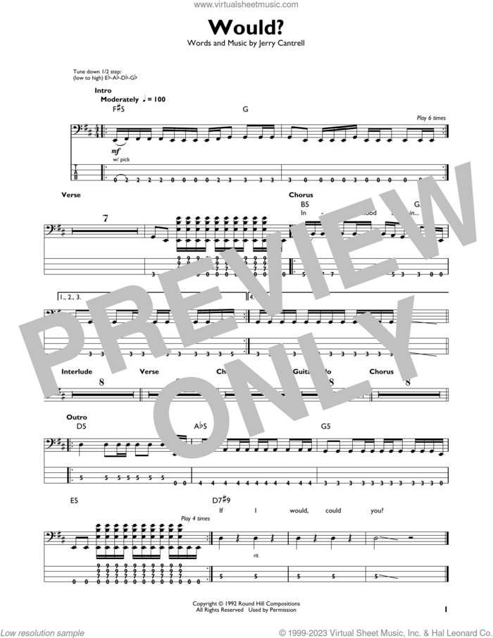 Would? sheet music for bass solo by Alice In Chains and Jerry Cantrell, intermediate skill level