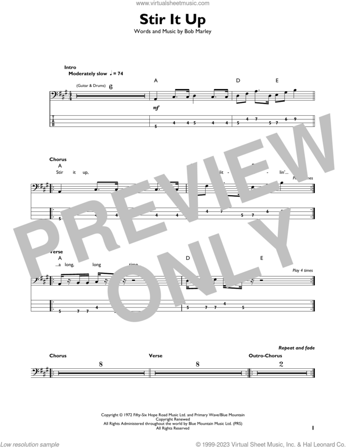 Stir It Up sheet music for bass solo by Bob Marley, intermediate skill level