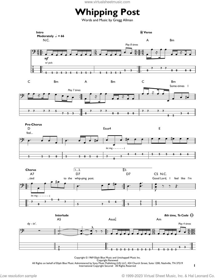 Whipping Post sheet music for bass solo by The Allman Brothers Band and Gregg Allman, intermediate skill level