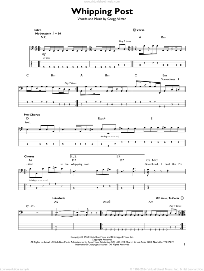 Whipping Post sheet music for bass solo by The Allman Brothers Band and Gregg Allman, intermediate skill level