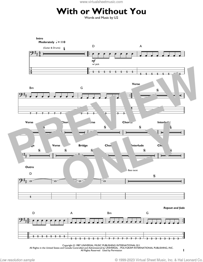With Or Without You sheet music for bass solo by U2, intermediate skill level