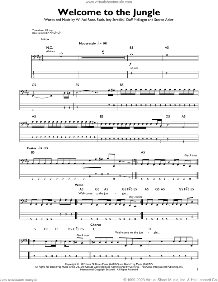Welcome To The Jungle sheet music for bass solo by Guns N' Roses, Axl Rose, Duff McKagan, Slash and Steven Adler, intermediate skill level