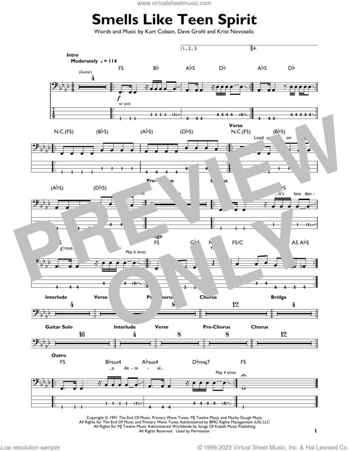 Smells Like Teen Spirit sheet music for bass solo by Nirvana, Dave Grohl, Krist Novoselic and Kurt Cobain, intermediate skill level