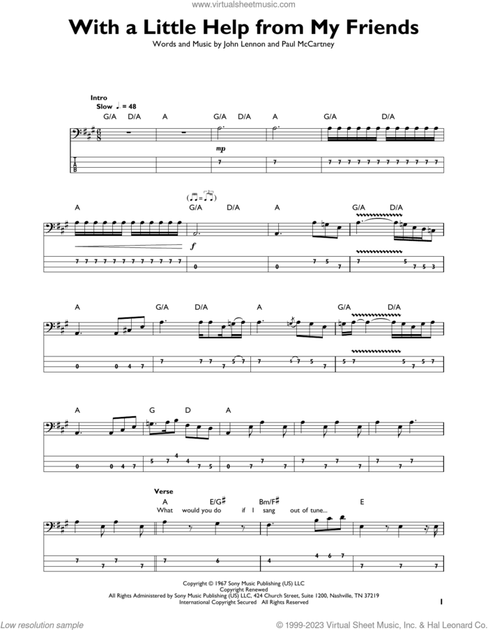 With A Little Help From My Friends sheet music for bass solo by Paul McCartney, Joe Cocker, The Beatles and John Lennon, intermediate skill level
