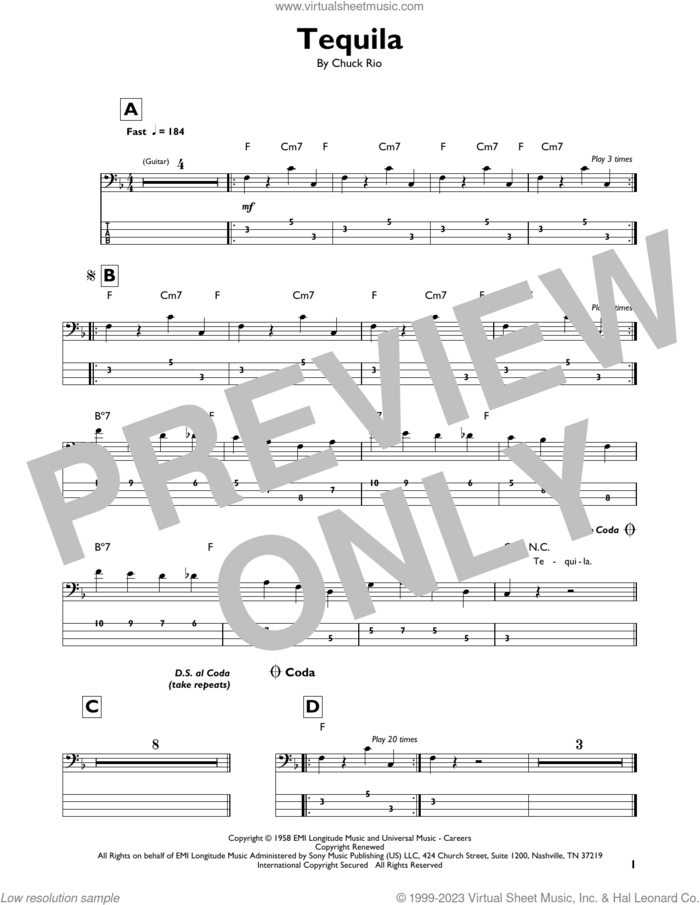 Tequila sheet music for bass solo by The Champs and Chuck Rio, intermediate skill level