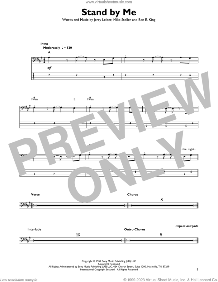 Stand By Me sheet music for bass solo by Ben E. King, Jerry Leiber and Mike Stoller, intermediate skill level