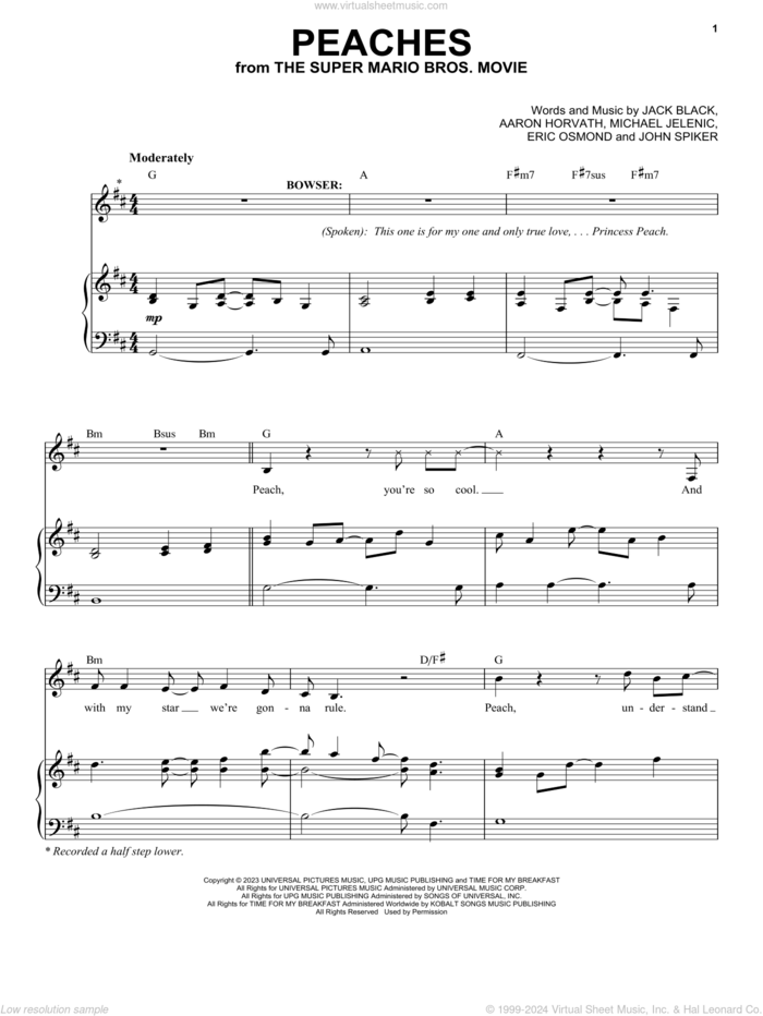 Peaches (from The Super Mario Bros. Movie) sheet music for voice and piano by Jack Black, Aaron Horvath, Eric Osmond, John Spiker and Michael Jelenic, intermediate skill level