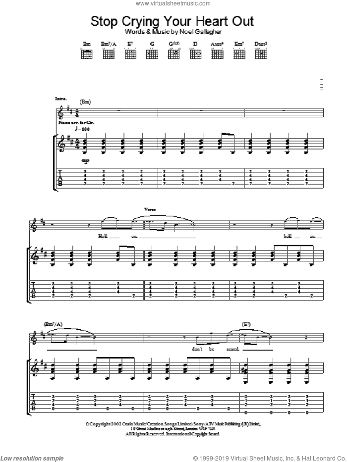 Stop Crying Your Heart Out sheet music for guitar (tablature) by Oasis, intermediate skill level