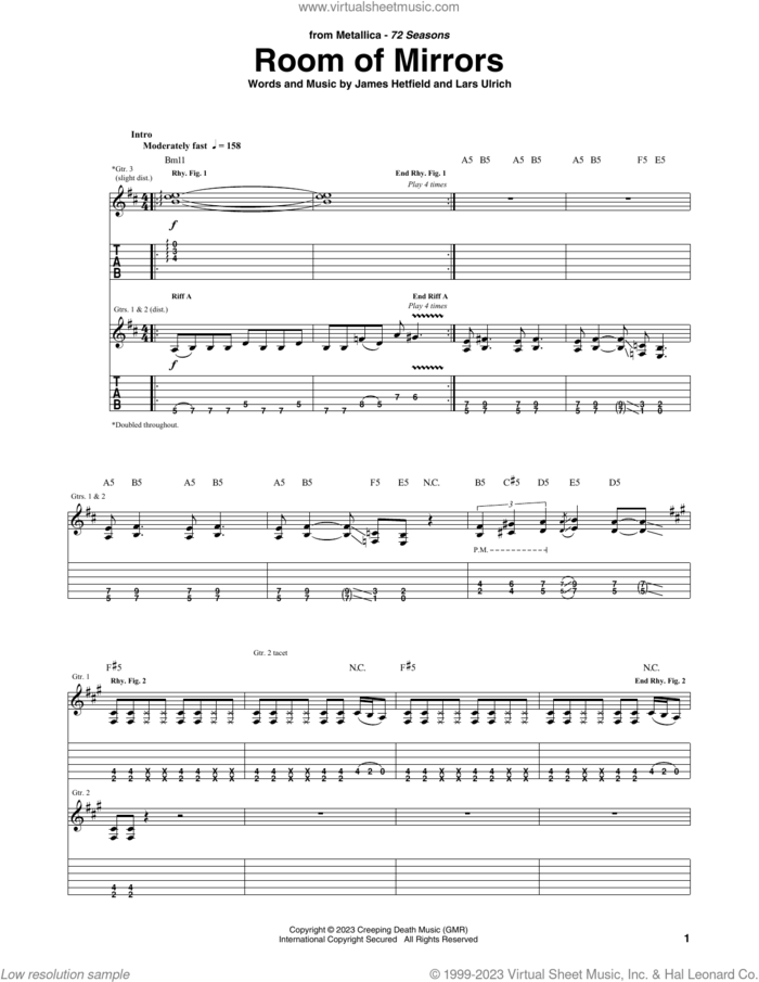 Room Of Mirrors sheet music for guitar (tablature) by Metallica, James Hetfield and Lars Ulrich, intermediate skill level