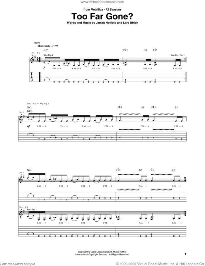 Too Far Gone? sheet music for guitar (tablature) by Metallica, James Hetfield and Lars Ulrich, intermediate skill level