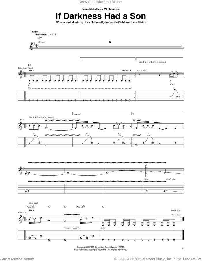 If Darkness Had A Son sheet music for guitar (tablature) by Metallica, James Hetfield, Kirk Hammett and Lars Ulrich, intermediate skill level