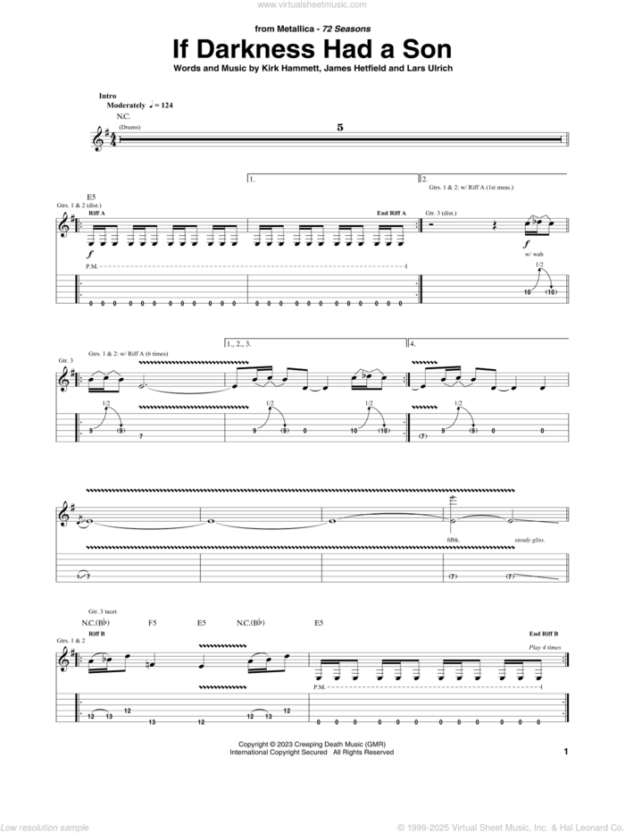 If Darkness Had A Son sheet music for guitar (tablature) by Metallica, James Hetfield, Kirk Hammett and Lars Ulrich, intermediate skill level