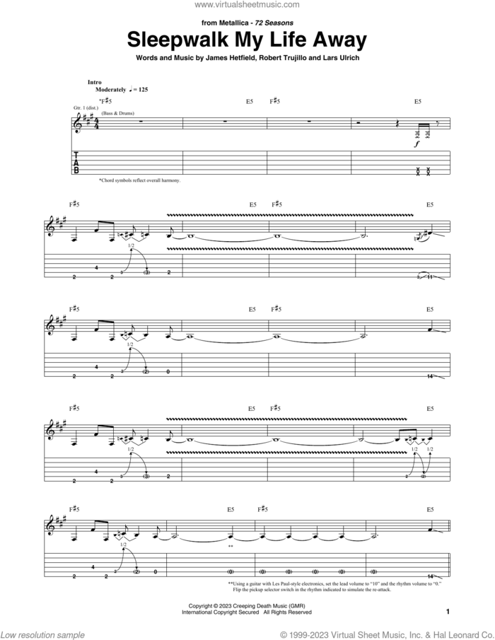 Sleepwalk My Life Away sheet music for guitar (tablature) by Metallica, James Hetfield, Lars Ulrich and Robert Trujillo, intermediate skill level