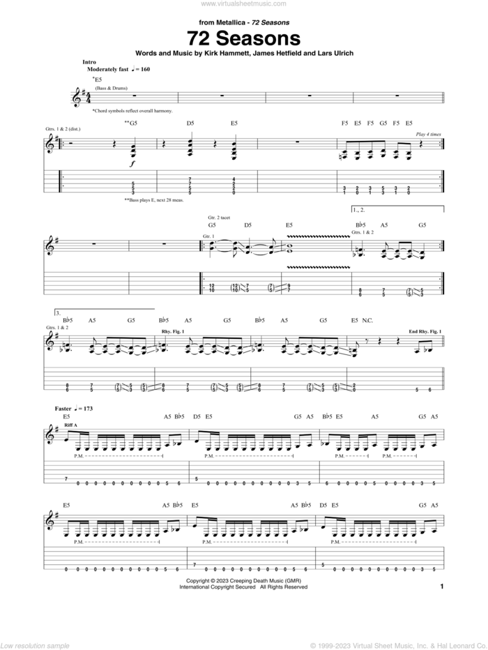 72 Seasons sheet music for guitar (tablature) by Metallica, James Hetfield, Kirk Hammett and Lars Ulrich, intermediate skill level
