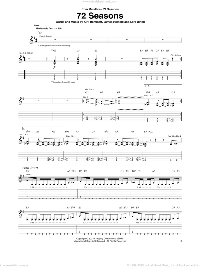 72 Seasons sheet music for guitar (tablature) by Metallica, James Hetfield, Kirk Hammett and Lars Ulrich, intermediate skill level