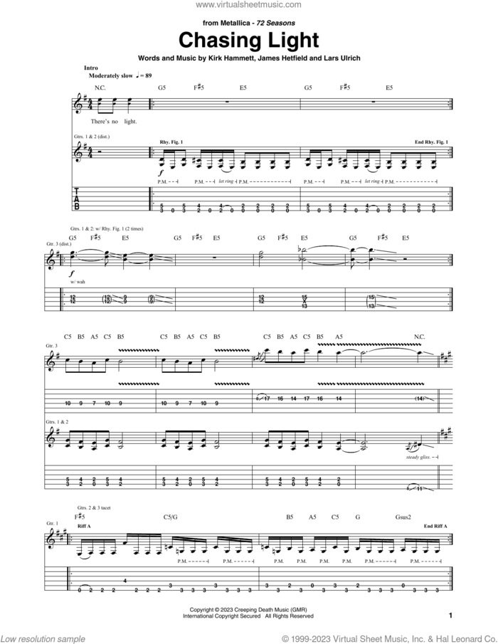 Chasing Light sheet music for guitar (tablature) by Metallica, James Hetfield, Kirk Hammett and Lars Ulrich, intermediate skill level