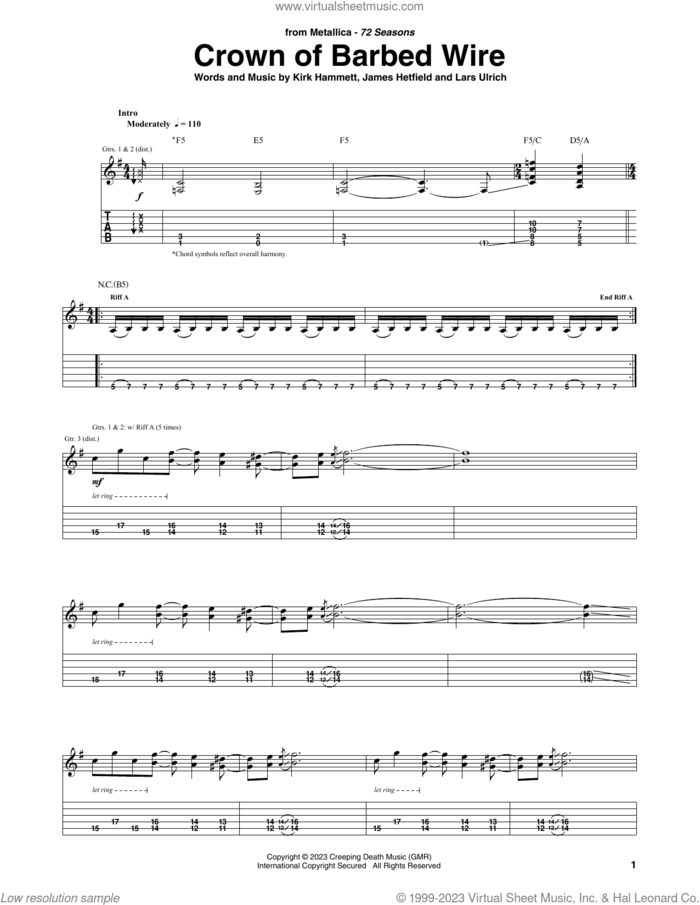 Crown Of Barbed Wire sheet music for guitar (tablature) by Metallica, James Hetfield, Kirk Hammett and Lars Ulrich, intermediate skill level