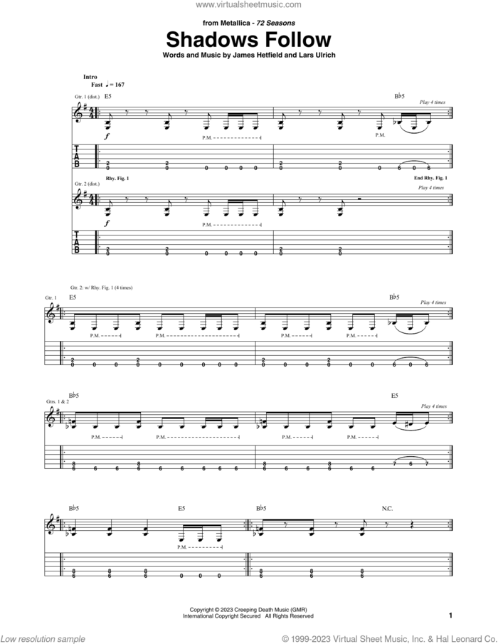Shadows Follow sheet music for guitar (tablature) by Metallica, James Hetfield and Lars Ulrich, intermediate skill level